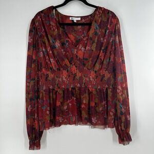 DR2 Tops Womens XXL Floral Print Long-Sleeve V-Neck Blouse‎ Cottage core 2XL